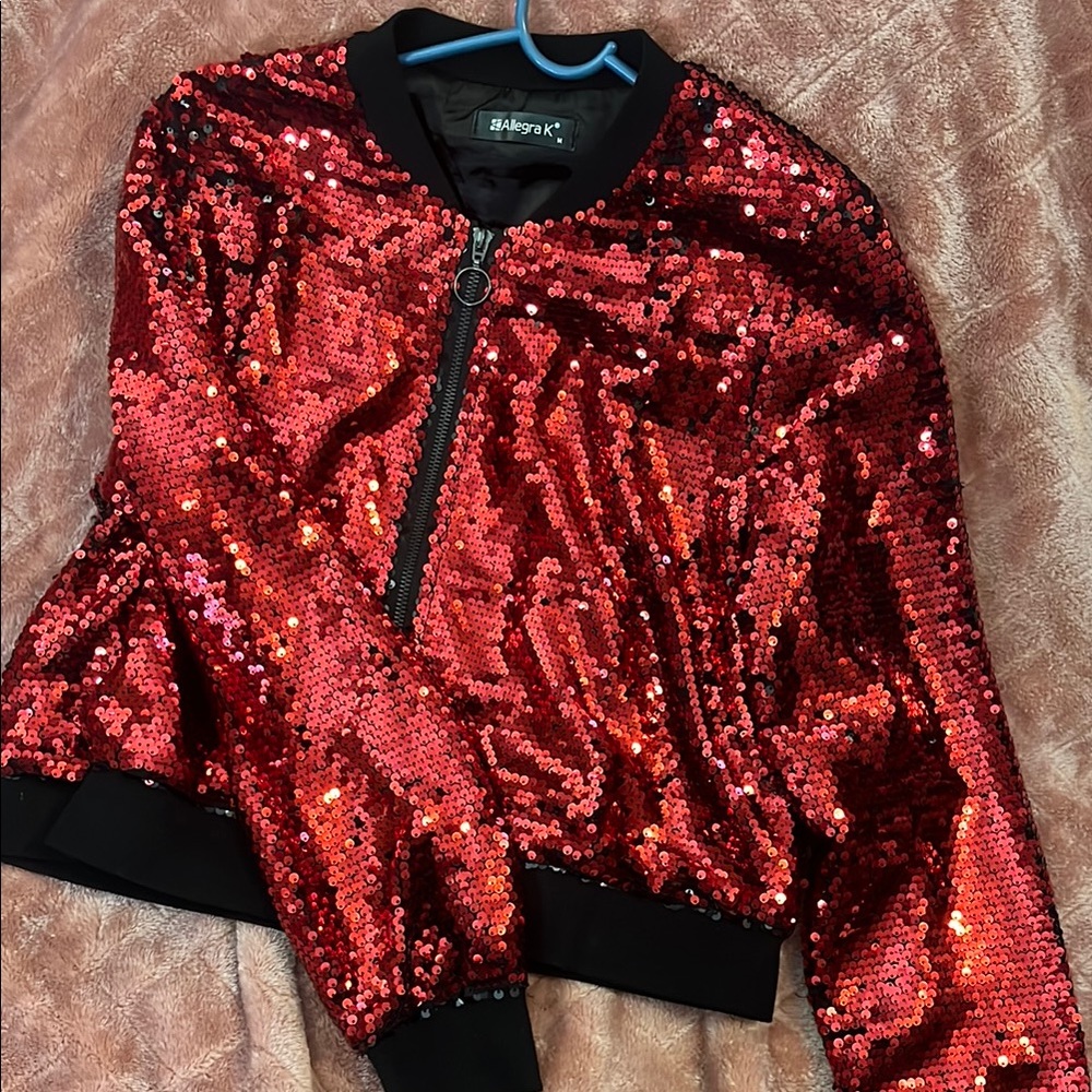 Allegra K Red Sequin Bomber Jacket